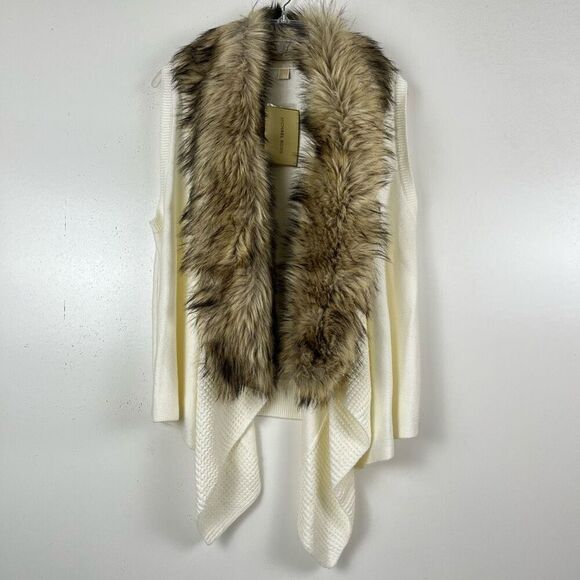 Michael Kors Faux Fur Vest Large Cream Waterfall Sweater Removable Collar NWT - Picture 1 of 10